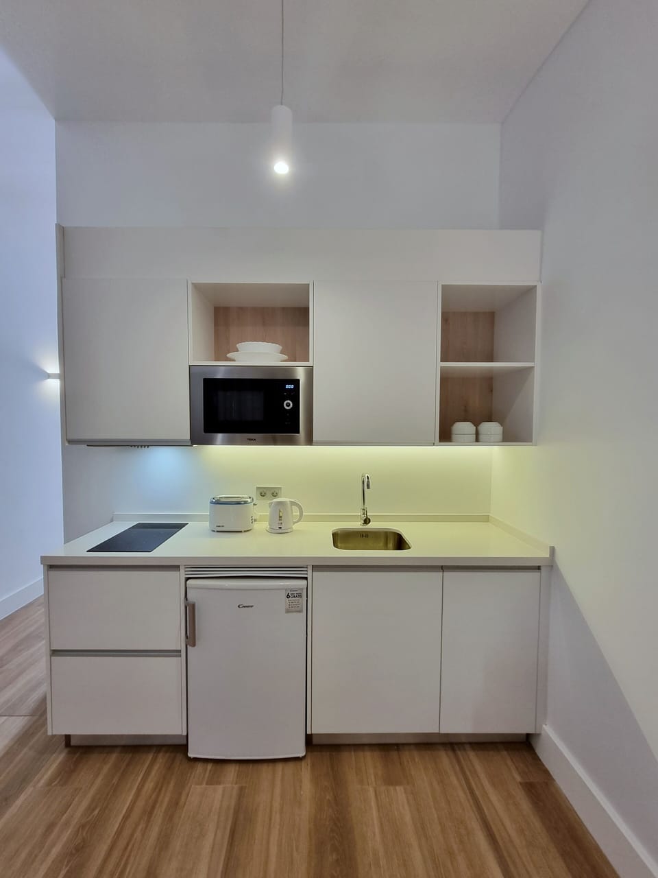 Fridge, microwave, stovetop, electric kettle