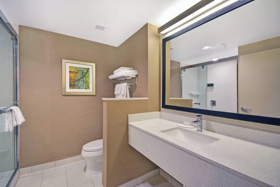Room, 1 King Bed | Bathroom | Combined shower/tub, free toiletries, hair dryer, towels