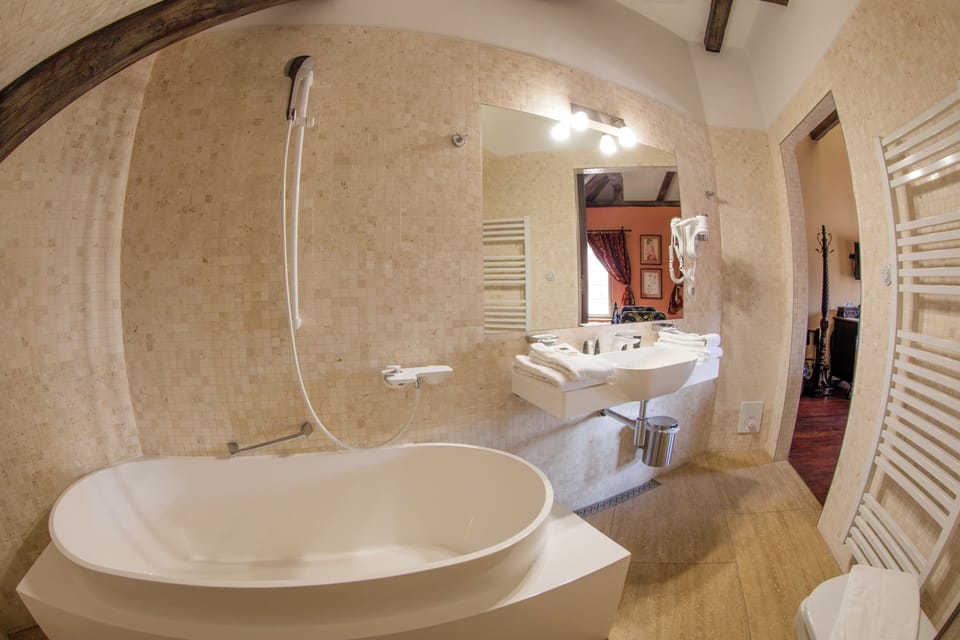 Room (Deluxe King 303) | Bathroom | Deep soaking tub, hydromassage showerhead, free toiletries, hair dryer