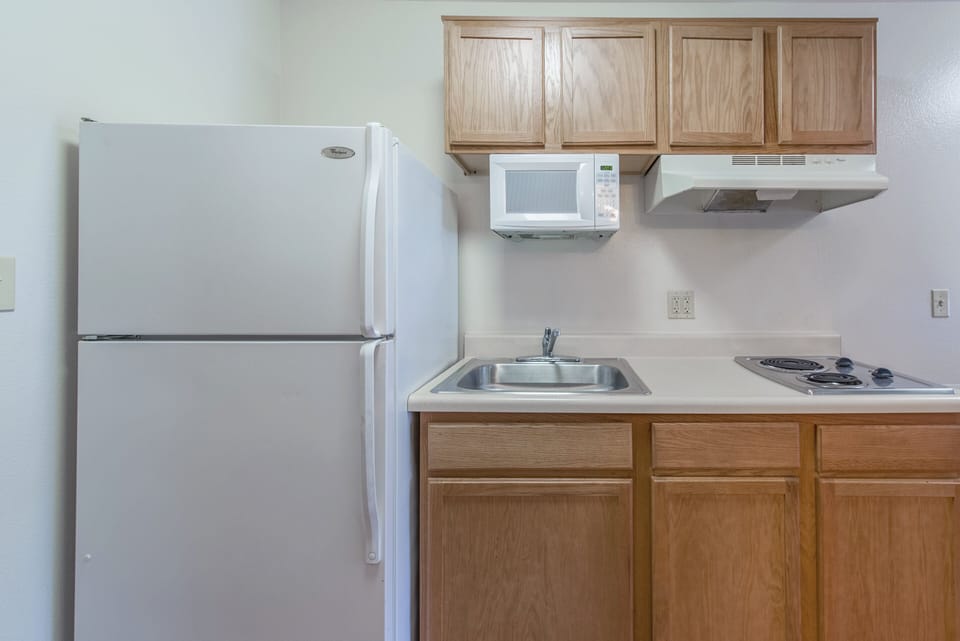 Full-size fridge, microwave, stovetop