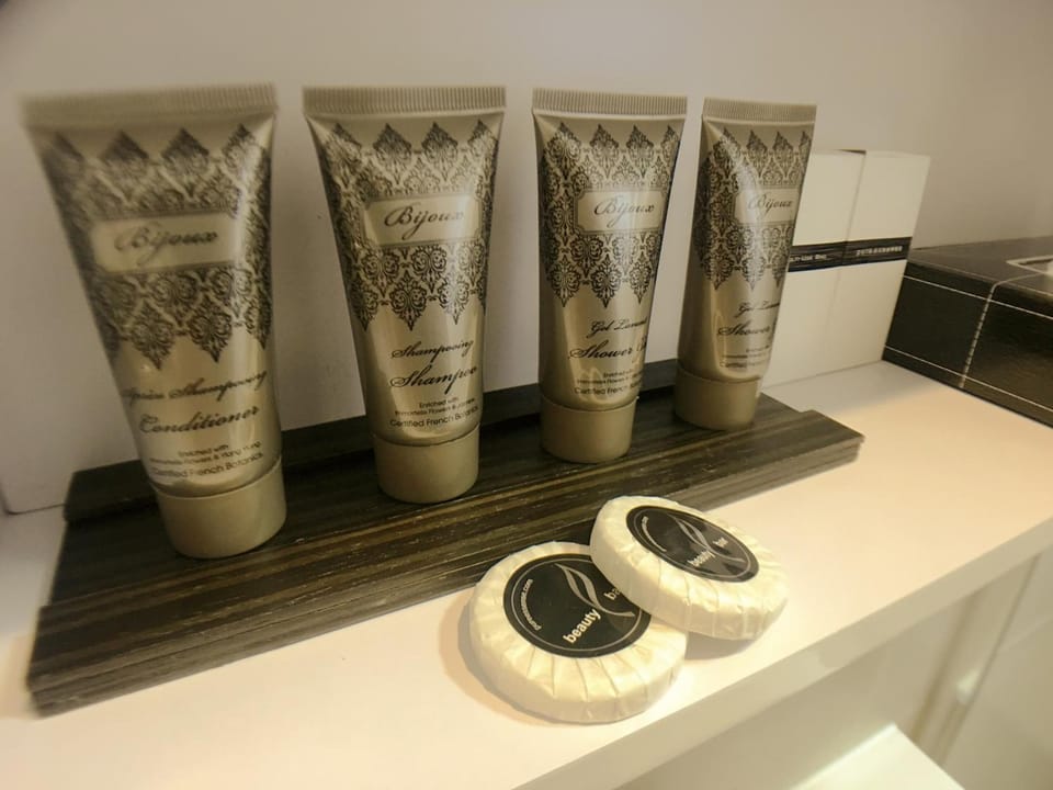 Free toiletries, hair dryer, towels