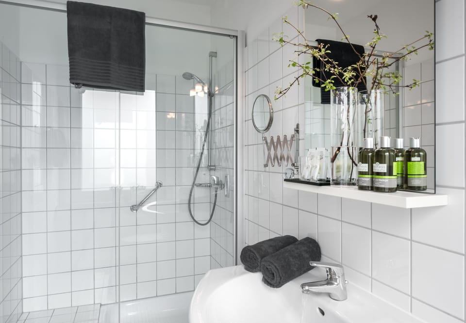Shower, free toiletries, towels