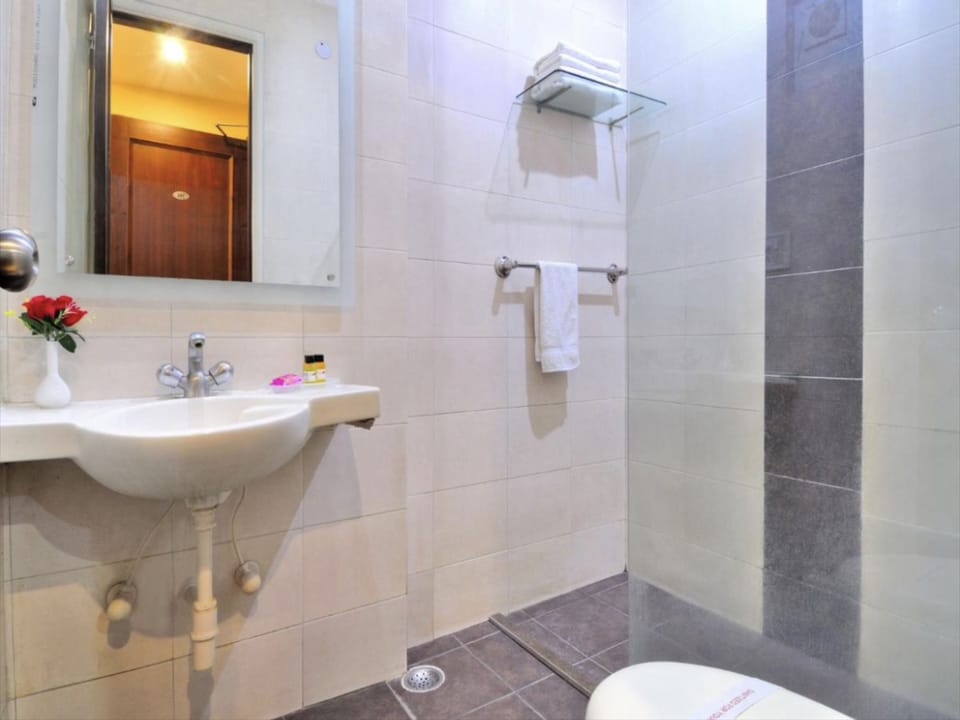 Shower, designer toiletries, hair dryer, slippers