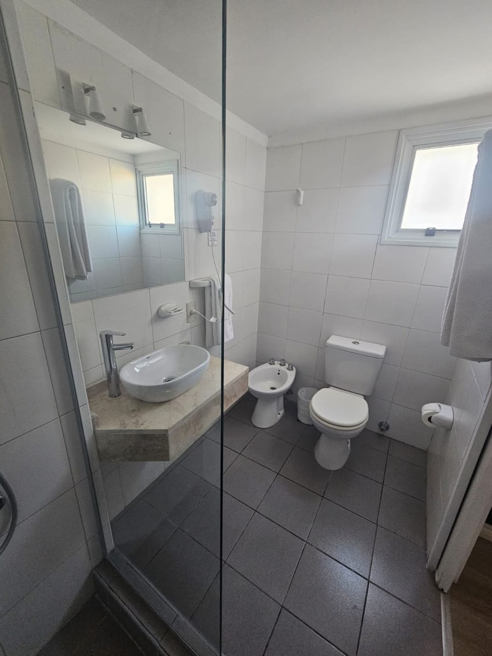 Shower, free toiletries, hair dryer, bidet