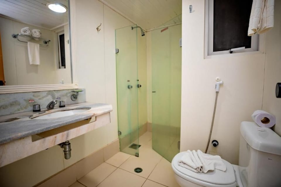 Shower, hair dryer, bidet, towels