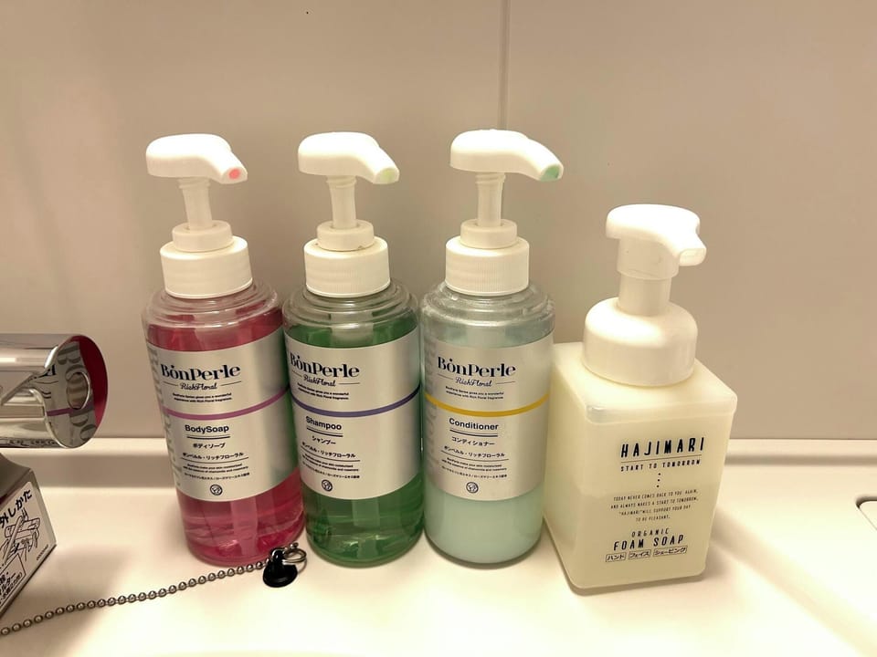 Combined shower/tub, free toiletries, hair dryer, slippers