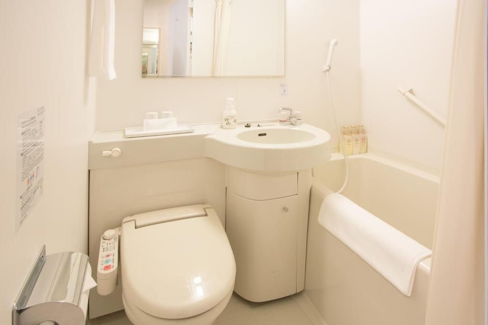 Combined shower/tub, free toiletries, hair dryer, slippers