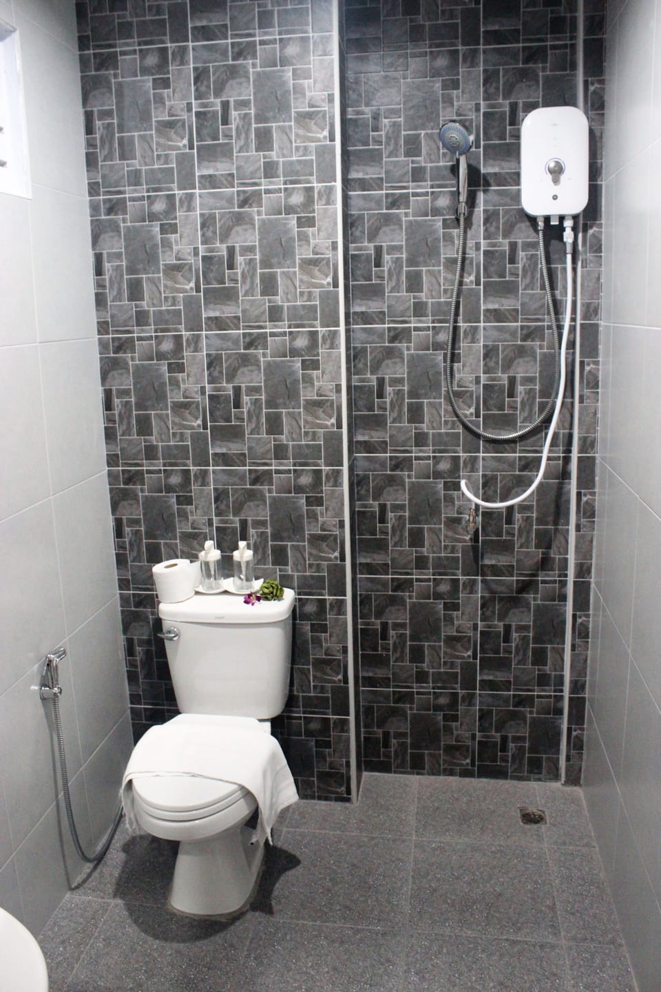 Shower, free toiletries, towels