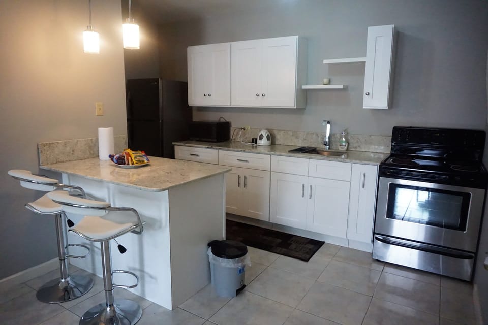 City Apartment | Private kitchen | Full-size fridge, microwave, oven, stovetop