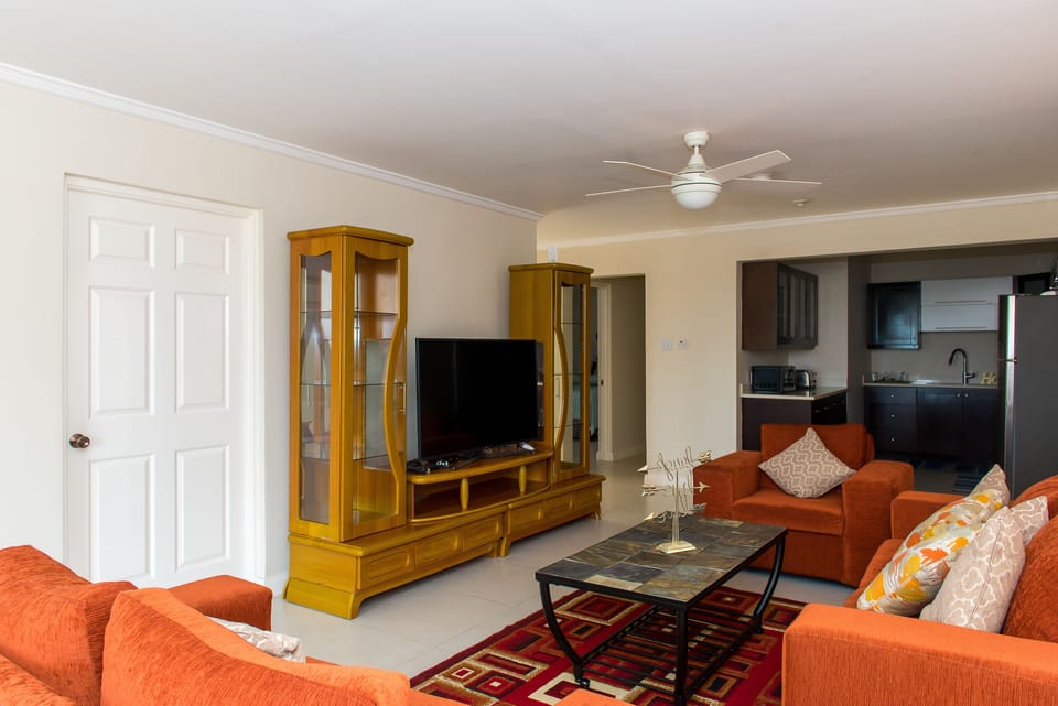Luxury Apartment, 2 Bedrooms | Living area | 50-inch flat-screen TV with cable channels, TV, DVD player