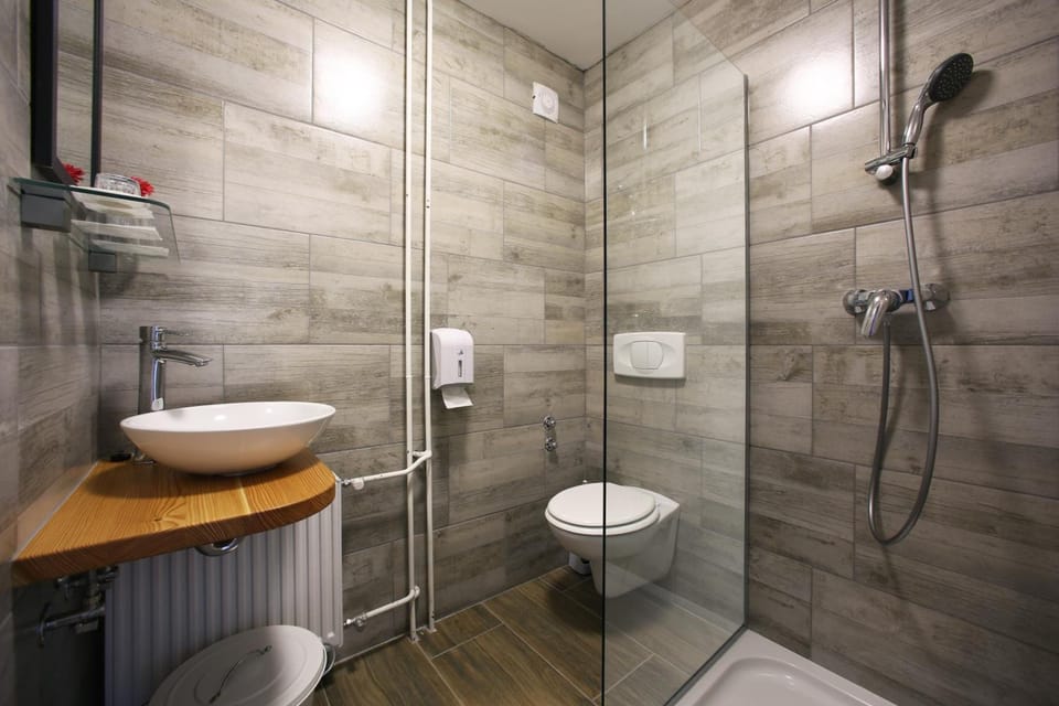 Shower, free toiletries, hair dryer, towels