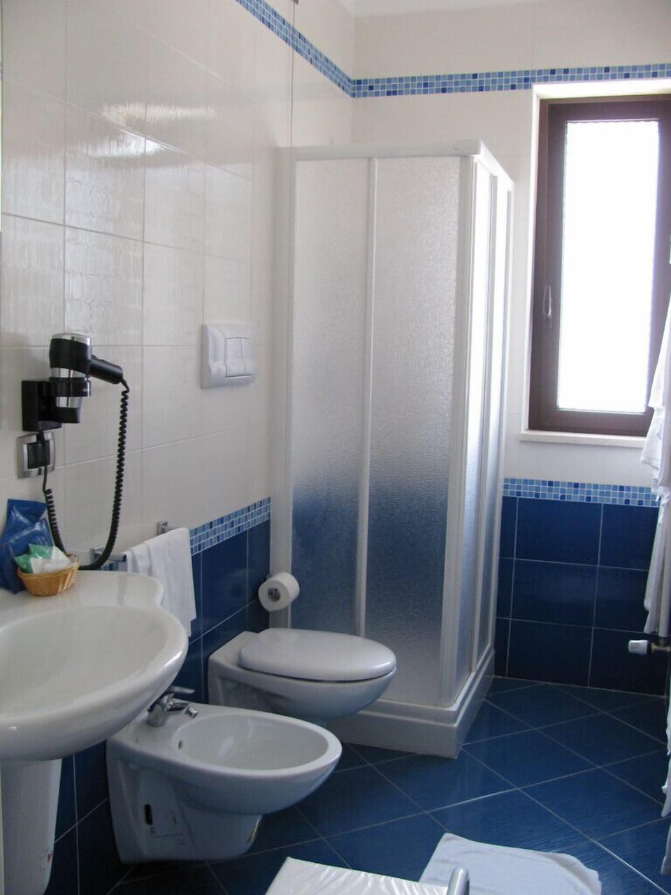 Shower, hair dryer, bidet, towels