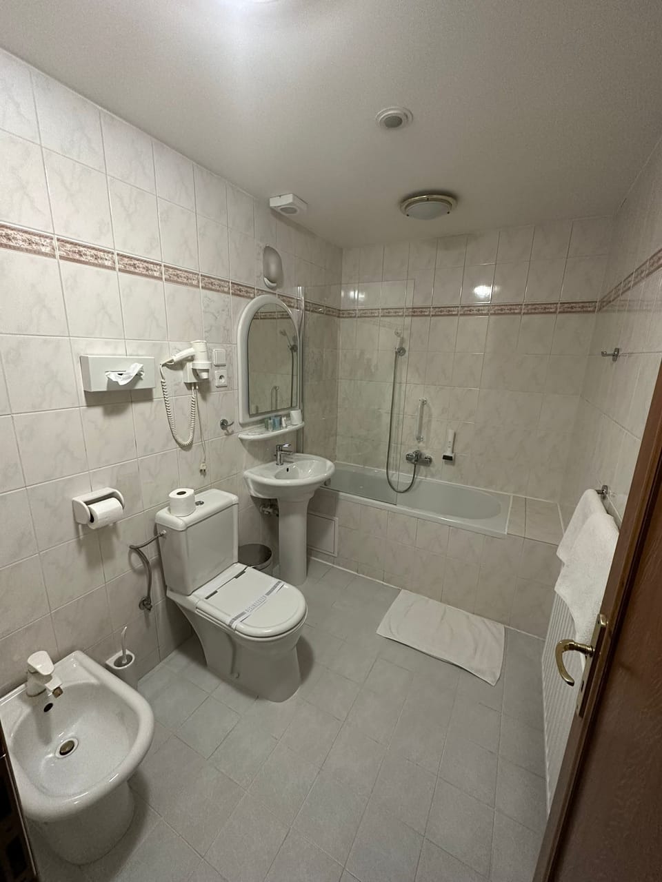 Combined shower/tub, free toiletries, hair dryer, towels