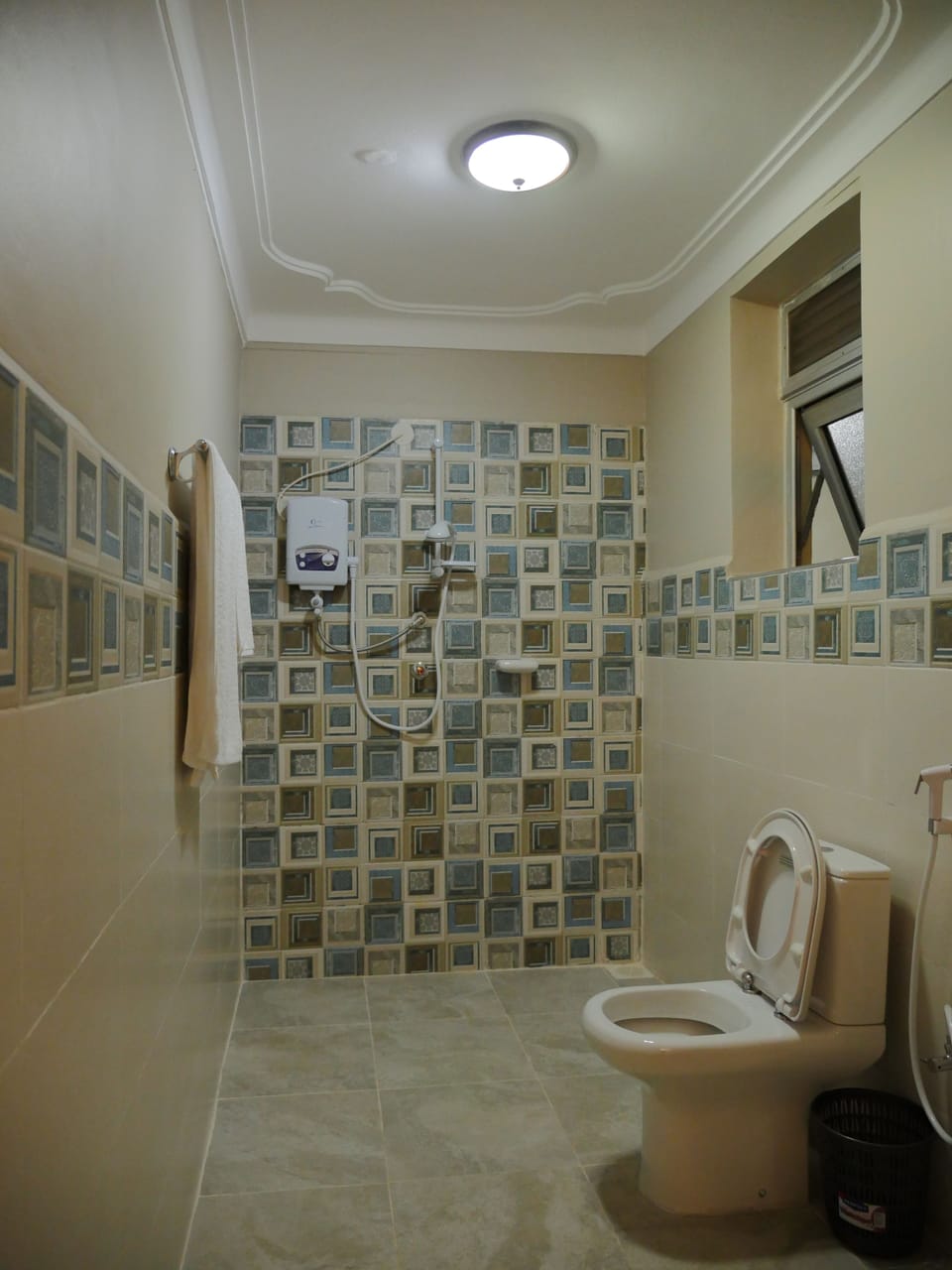 Shower, free toiletries, hair dryer, slippers