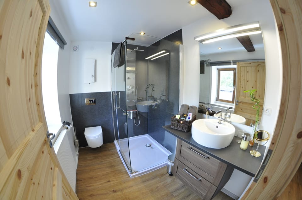 Deluxe Double Room | Bathroom | Shower, rainfall showerhead, hair dryer, towels