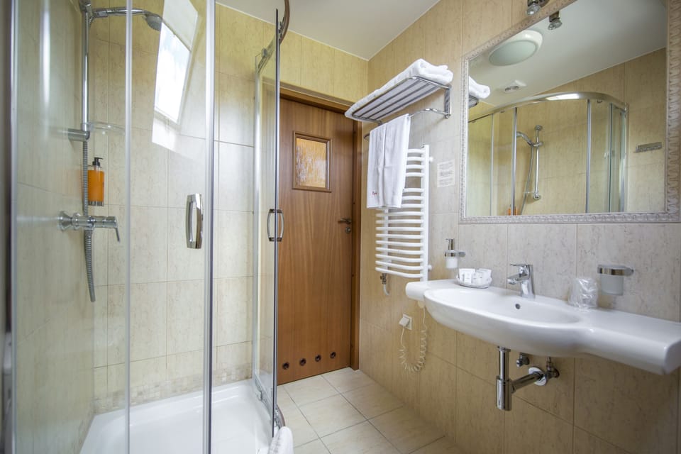 Shower, free toiletries, hair dryer, towels