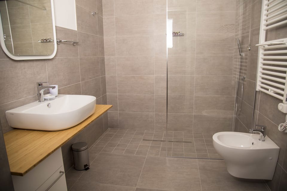 Shower, rainfall showerhead, free toiletries, hair dryer