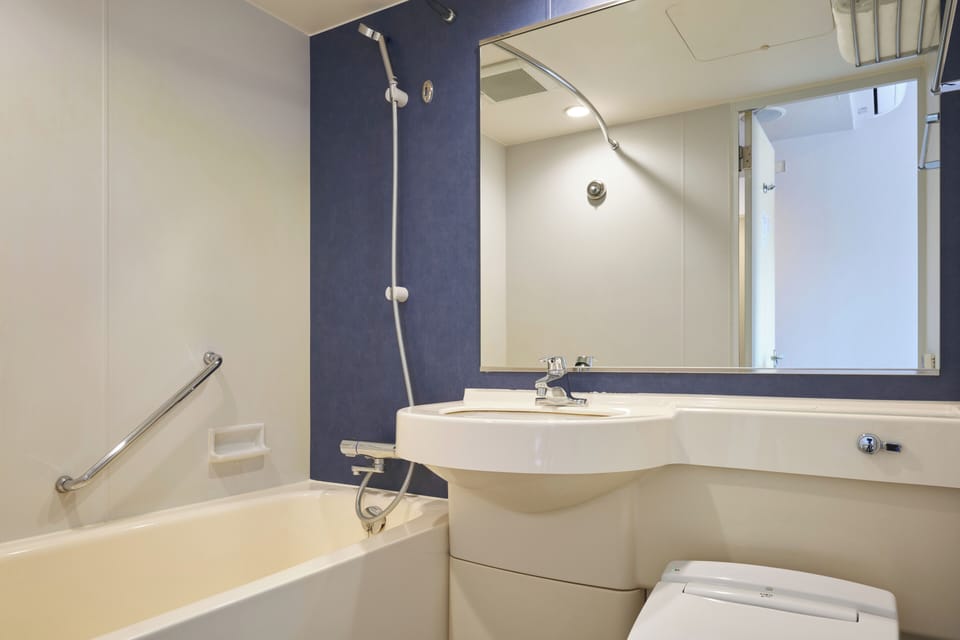 Combined shower/tub, free toiletries, hair dryer, slippers