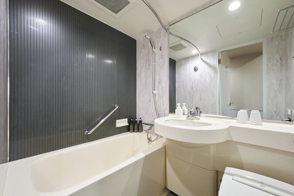 Combined shower/tub, free toiletries, hair dryer, slippers