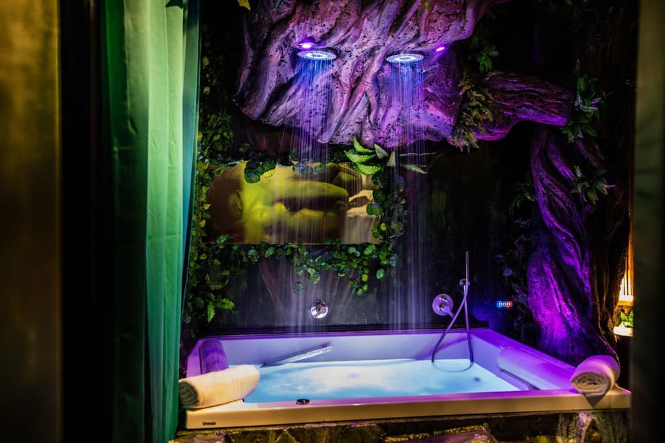 Combined shower/tub, jetted tub, hair dryer, bidet