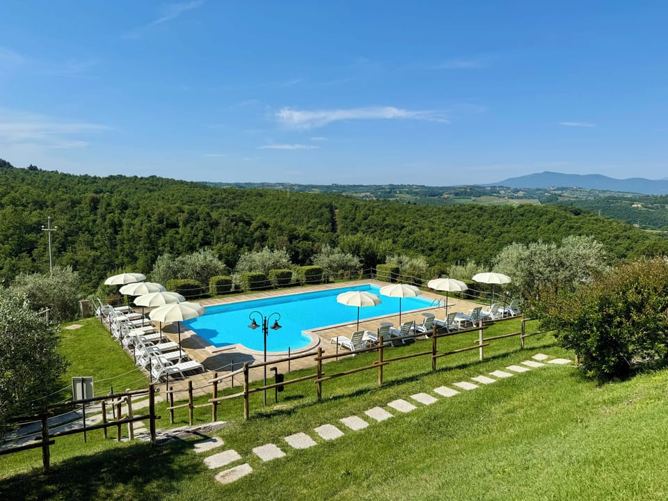 Outdoor pool, pool umbrellas, sun loungers