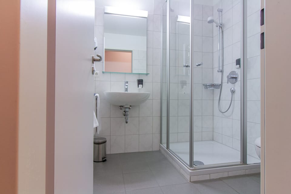 Shower, free toiletries, hair dryer, towels