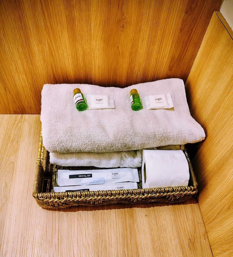 Shower, rainfall showerhead, hair dryer, towels