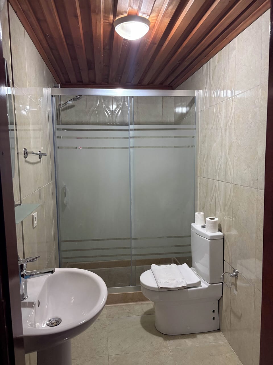 Shower, free toiletries, hair dryer, towels