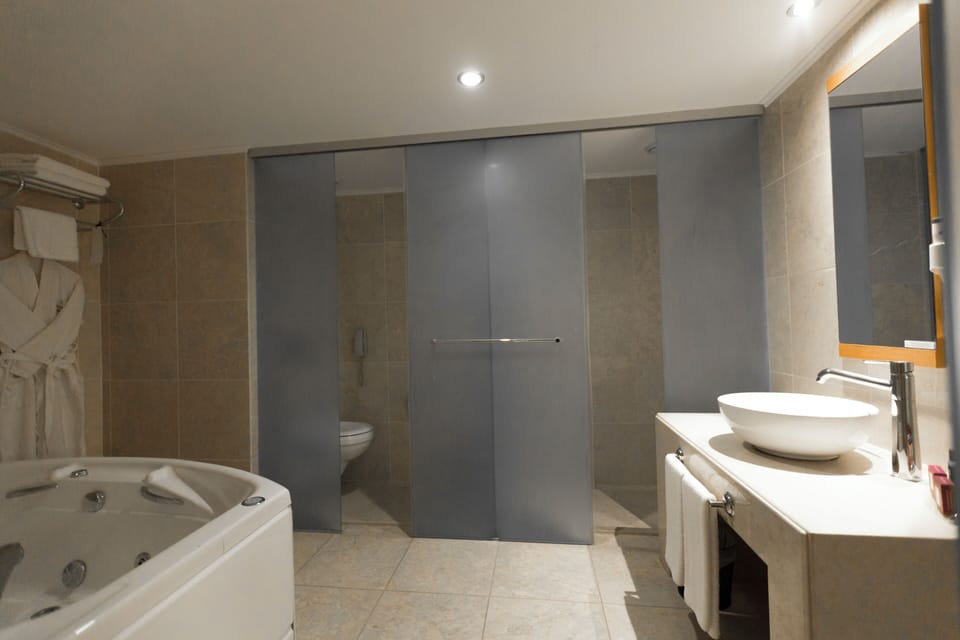 Shower, designer toiletries, hair dryer, bathrobes