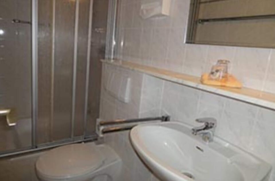 Single Room (Waldblick) | Bathroom | Shower, hair dryer, towels, soap