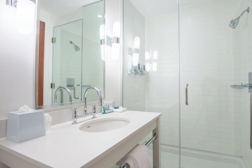 Shower, free toiletries, hair dryer, towels