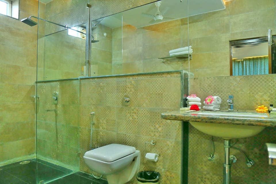 Shower, free toiletries, hair dryer, slippers