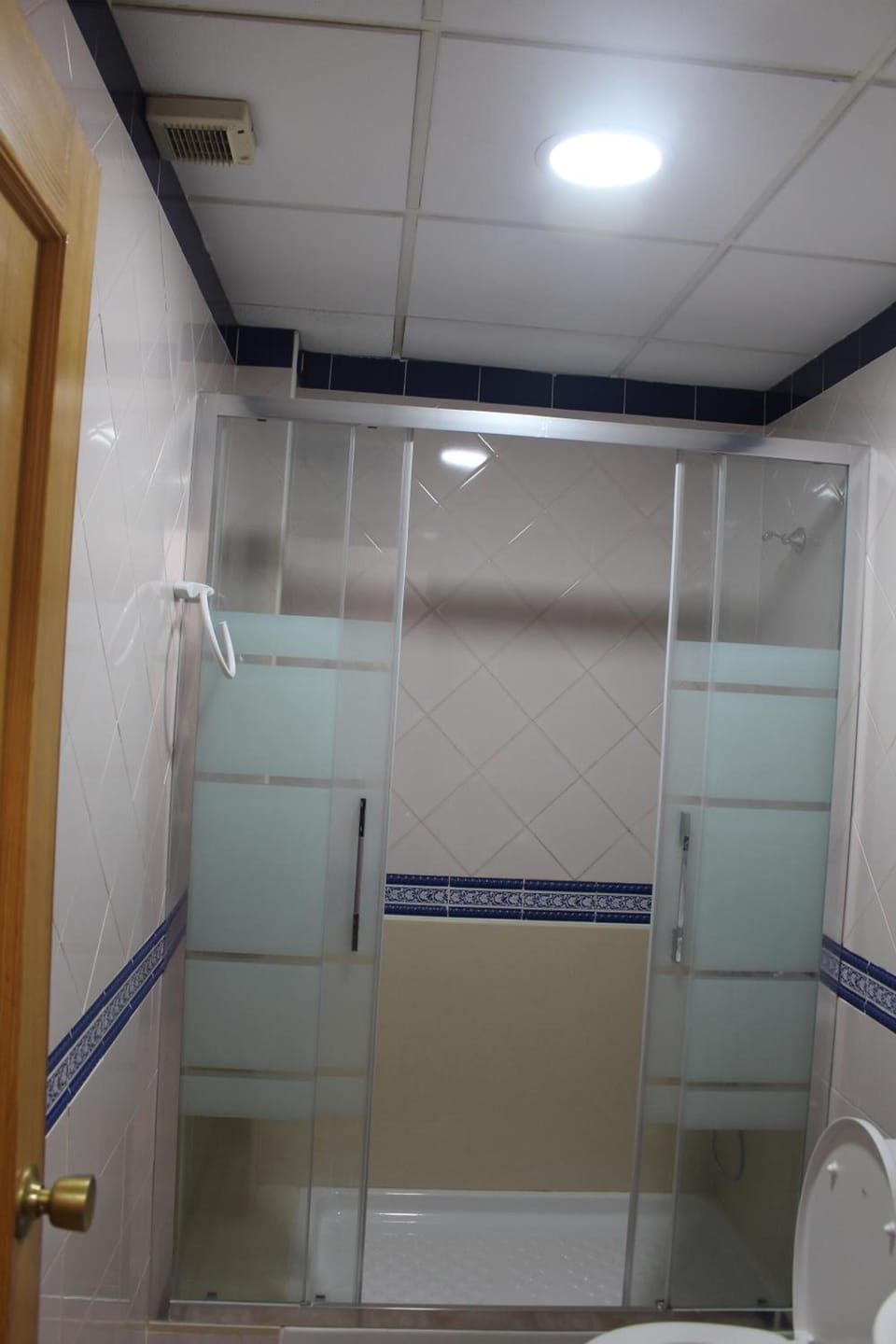 Shower, rainfall showerhead, free toiletries, towels