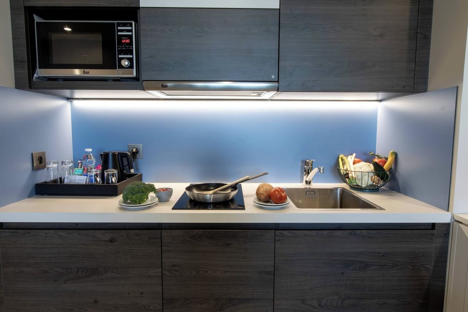 Full-size fridge, microwave, stovetop, dishwasher