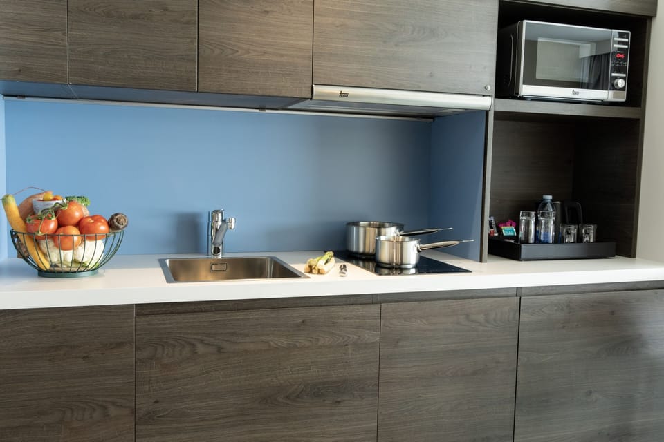 Full-size fridge, microwave, stovetop, dishwasher
