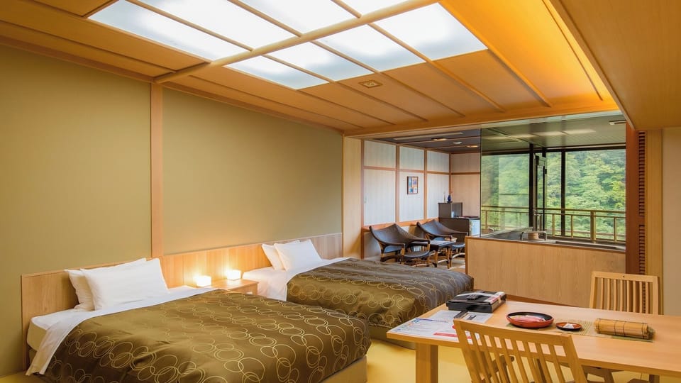 Japanese style twin bed room with open air bath, Non-Smoking | In-room safe, bed sheets