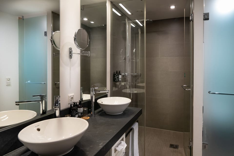 Eco-friendly toiletries, hair dryer, towels, soap