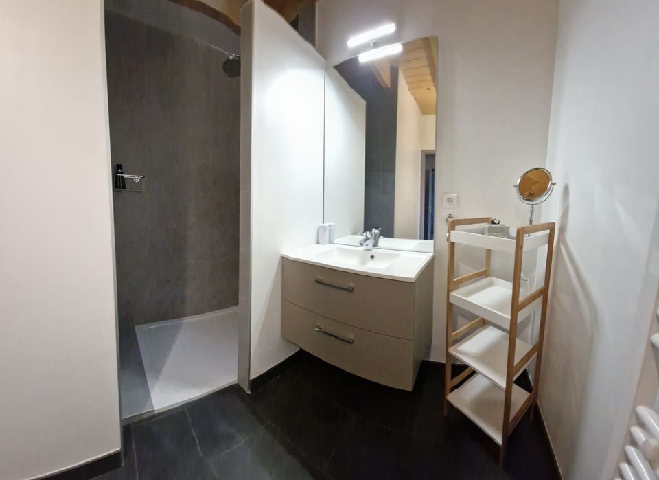 Lumière de l'étang | Bathroom | Shower, rainfall showerhead, hair dryer, towels