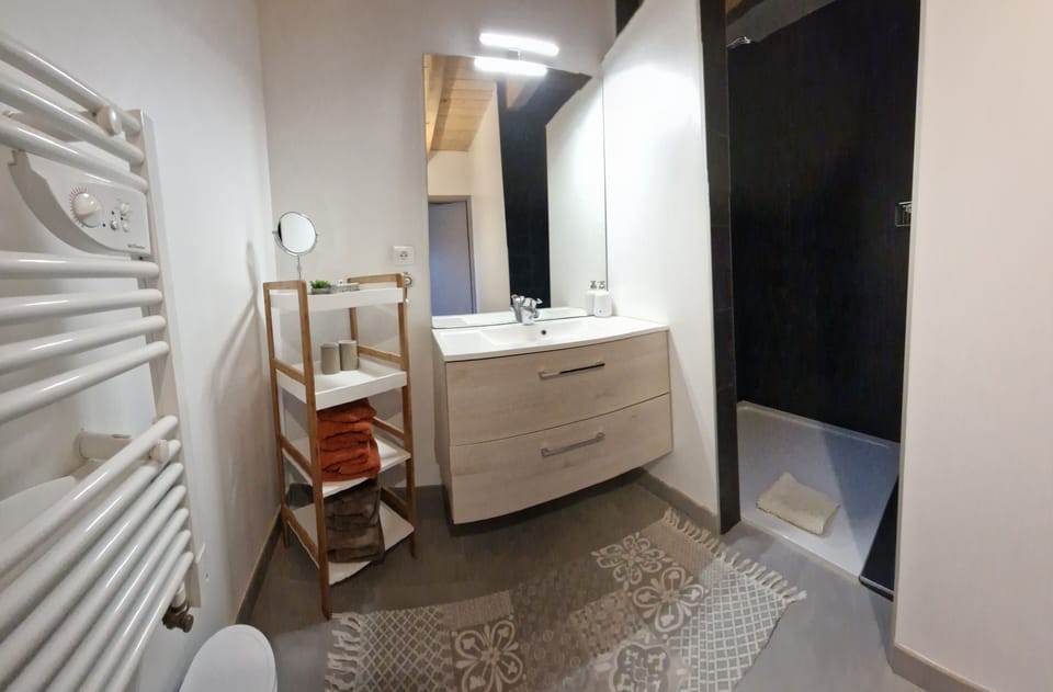 La promesse du verger | Bathroom | Shower, rainfall showerhead, hair dryer, towels