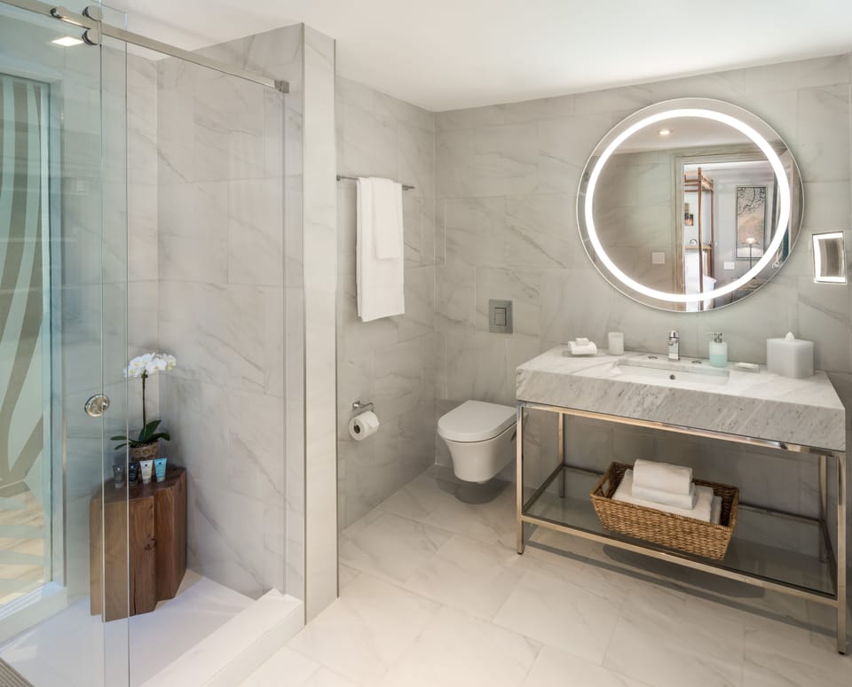 Shower, rainfall showerhead, designer toiletries, hair dryer