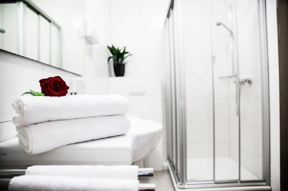 Shower, free toiletries, hair dryer, towels