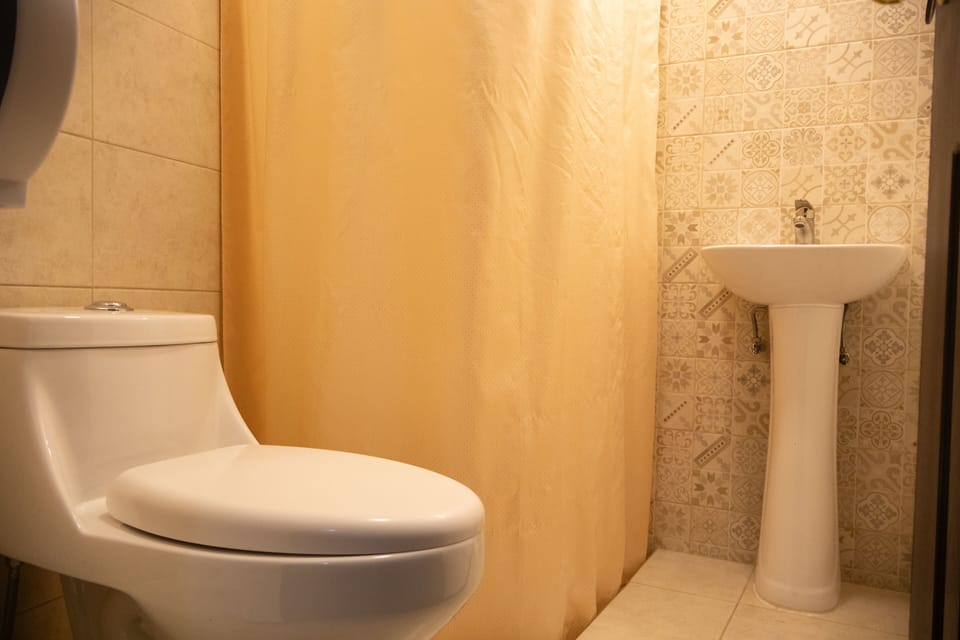 Shower, rainfall showerhead, free toiletries, towels