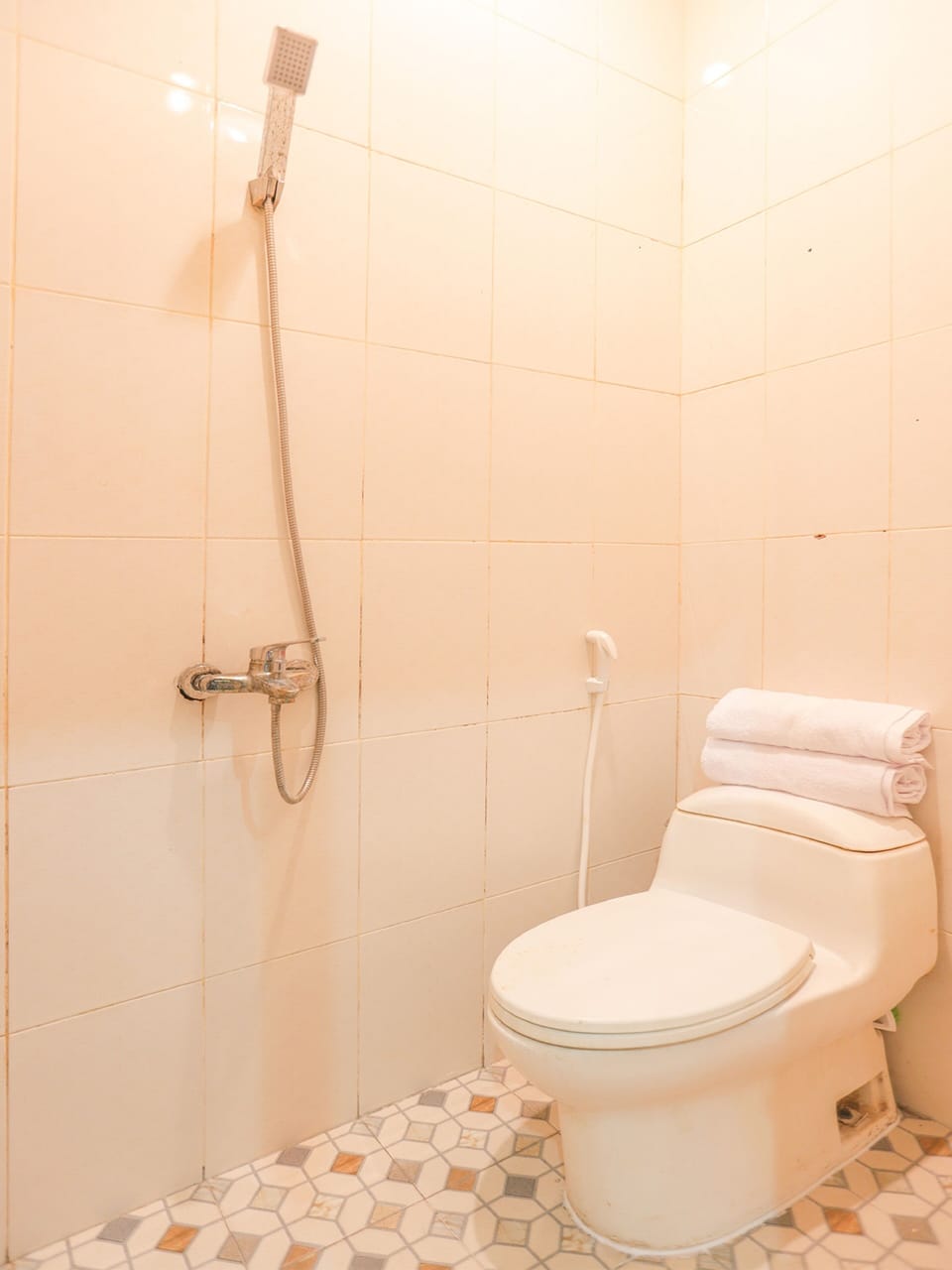 Shower, free toiletries, towels, soap