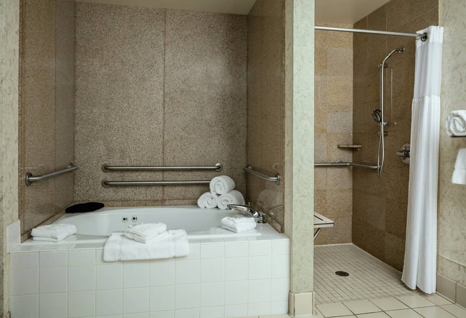 Combined shower/tub, free toiletries, hair dryer, towels