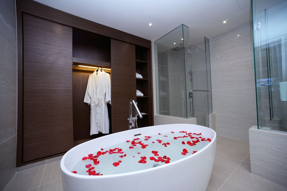 Shower, rainfall showerhead, free toiletries, hair dryer