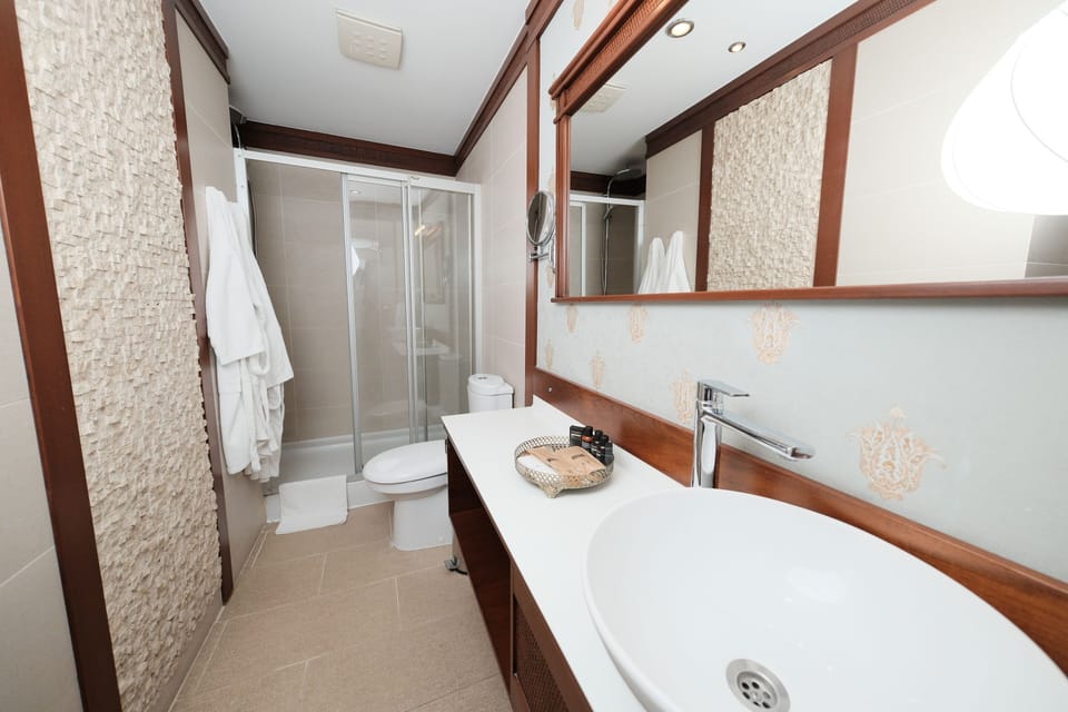 Shower, rainfall showerhead, designer toiletries, hair dryer