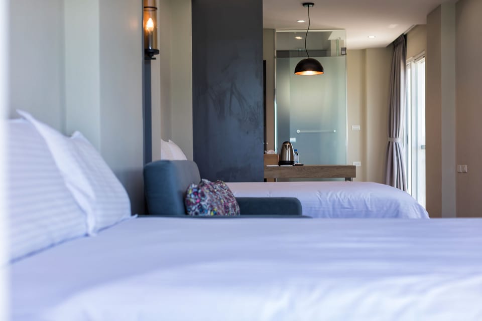 Panoramic Quadruple Room, 2 Double Beds, Non Smoking, Ocean View | Desk, blackout drapes, soundproofing, rollaway beds