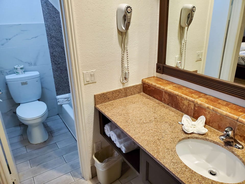 Combined shower/tub, towels