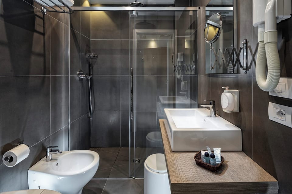 Shower, free toiletries, hair dryer, bidet