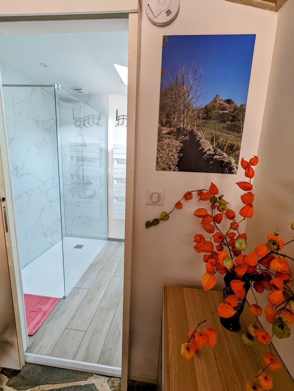 Shower, rainfall showerhead, free toiletries, hair dryer